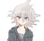  1boy blush closed_mouth collarbone danganronpa_(series) danganronpa_2:_goodbye_despair green_jacket grey_background grey_eyes grey_hair grey_shirt jacket komaeda_nagito male_focus messy_hair shenmu_(nyx_0) shirt simple_background smile solo 