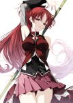  1girl arm_up armpits bare_shoulders detached_sleeves highres light_particles long_hair magical_girl mahou_shoujo_madoka_magica misteor pink_skirt polearm ponytail red_hair sakura_kyouko skirt solo soul_gem spear standing very_long_hair weapon white_background 