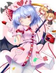  1girl bat_wings blood blood_bag collared_shirt fang first_aid_kit flandre_scarlet gloves hat hat_ribbon heart heart_print holding holding_syringe iv_stand looking_at_viewer nurse nurse_cap one_eye_closed pantyhose pink_headwear pink_shirt purple_hair red_eyes remilia_scarlet remilia_scarlet_(bloody_nurse) ribbon shirt short_hair short_sleeves slit_pupils smile syringe touhou touhou_lost_word unory white_pantyhose wings 