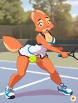  absurd_res anthro ball bottomwear breasts canid canine cleavage clothed clothing convenient_censorship diane_foxington dreamworks female fox furboz hi_res mammal skirt solo tennis_ball tennis_court tennis_racket the_bad_guys 
