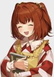  1girl :d ^_^ absurdres apron book checkered_clothes checkered_kimono closed_eyes hair_intakes happy highres holding holding_book japanese_clothes kimono looking_at_viewer motoori_kosuzu name_tag open_mouth red_hair smile solo touhou two_side_up yokujitsu 