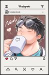  1boy absurdres bara blush character_name cup drinking eyewear_on_head facial_hair glasses heart highres holding holding_cup instagram labcoat male_focus mature_male merchandise mug neroli_(pokemon) osu(statatatatatata) pokemon_sleep portrait round_eyewear shirt short_hair sideburns snorlax solo stubble thick_eyebrows 