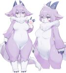  ankle_tuft anthro arm_tuft belly blue_horn blush breasts claws countershading dragon erumeruta featureless_breasts featureless_crotch female fur greeting hair hand_waving hi_res horn inner_ear_fluff leg_tuft looking_at_viewer looking_away medium_breasts navel neck_tuft nude pawpads pupils purple_body purple_eyes purple_fur purple_hair raised_arm short_hair slightly_chubby slit_pupils smile solo standing tail tail_tuft thick_thighs tuft white_belly white_body white_countershading white_fur wrist_tuft 