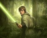  1boy anthonyfoti belt blonde_hair blue_eyes commentary copyright_name energy_sword english_commentary fern forest green_lightsaber green_tunic holding holding_lightsaber holding_weapon lightsaber looking_at_viewer luke_skywalker nature official_art outdoors plant short_hair solo star_wars star_wars:_return_of_the_jedi sword tree watermark weapon 