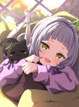  1girl alternate_costume blunt_bangs blurry blurry_background blush brown_eyes cat commentary_request crossed_legs feet feet_up foreshortening fumi_(fumibeing) grey_hair hair_bun hair_ornament highres hololive indoors long_sleeves lying murasaki_shion no_shoes on_stomach open_mouth pantyhose purple_ribbon purple_shirt ribbon shadow shiokko_(murasaki_shion) shirt sidelocks single_side_bun sleeves_past_wrists soles solo toes virtual_youtuber white_pantyhose window 