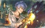  1boy black_gloves blue_eyes gloves granblue_fantasy ground_vehicle holding holding_wrench jumpsuit male_focus mechanic minaba_hideo motor_vehicle motorcycle official_art repairing sharp_teeth sho_(granblue_fantasy) short_hair smile solo sweat teeth tools white_hair white_jumpsuit wrench 