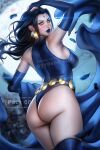  ass ayya_sap black_hair blue_leotard blue_lips cloak dc_comics earrings feathers hand_in_own_hair jewelry leotard looking_at_viewer moon night night_sky raven_(dc) sky thighhighs thighs thong_leotard yellow_eyes 