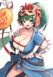  1girl :d bandages blue_shirt blue_skirt blush breasts chest_sarashi cleavage collarbone commentary_request cowboy_shot fire_emblem fire_emblem:_the_blazing_blade fire_emblem_heroes gonzarez green_eyes green_hair hand_on_own_hip hand_up highres holding huge_breasts long_hair looking_at_viewer lyn_(fire_emblem) lyn_(flame)_(fire_emblem) mask mask_on_head official_alternate_costume open_mouth ponytail revision sarashi shirt simple_background single-shoulder_shirt single_bare_shoulder single_sleeve skirt smile solo standing strapless tube_top very_long_hair white_background 