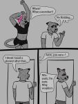  3:4 absurd_res anthro bodily_fluids canid canine clothed clothing crop_top dialogue duo english_text felid feline hi_res kenji_(nightlymoxie) male male/male mammal nightlymoxie nix_(nightlymoxie) raccoon_dog shirt sweat tanuki text topwear 