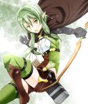  1girl arrow_(projectile) black_cape black_gloves black_ribbon boots bow_(weapon) brown_footwear brown_shorts cape elf gloves goblin_slayer! green_eyes green_hair green_shirt green_thighhighs hair_ribbon high_elf_archer_(goblin_slayer!) highres holding holding_bow_(weapon) holding_weapon leg_up light_particles long_hair looking_at_viewer moonsorrow open_mouth pointy_ears quiver ribbon shirt short_shorts shorts sidelocks sleeveless sleeveless_shirt solo thigh_strap thighhighs weapon 
