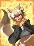  1girl absurdres animal_ears belt black_jacket blonde_hair coyopotato coyote_(kemono_friends) extra_ears gloves highres jacket kemono_friends kemono_friends_v_project kuru_one looking_at_viewer microphone open_mouth shirt short_hair skirt smile solo tail virtual_youtuber white_shirt wolf_ears wolf_girl wolf_tail yellow_eyes 