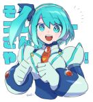  1girl :d android aqua_eyes aqua_hair artist_name clenched_hands headset looking_at_viewer mega_man_(series) mega_man_x_(series) mega_man_x_dive necktie red_necktie rico_(mega_man) side_ponytail smile solo teeth upper_body upper_teeth_only vani_(hisha_04) white_background 