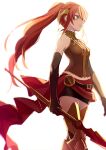  1girl bare_shoulders black_skirt brown_gloves brown_vest closed_mouth cowboy_shot crown elbow_gloves gloves green_eyes holding holding_polearm holding_weapon long_hair looking_to_the_side polearm pyrrha_nikos red_hair rwby shiki_(shikki46) sidelocks simple_background skirt solo spear very_long_hair vest walking weapon white_background 