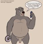  2022 absurd_res anthro baloo bear belly cellphone dialogue english_text genitals hi_res male mammal overweight overweight_male penis phone simple_background smartphone solo text the_jungle_book thebeart 