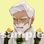  1boy bara beard collared_shirt dark-skinned_male dark_skin drayden_(pokemon) facial_hair highres looking_to_the_side male_focus mature_male mustache old old_man pokemon pokemon_(game) pokemon_bw portrait sample_watermark shirt short_hair solo thick_eyebrows white_shirt yamariceball 