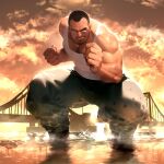  1boy ai-assisted arm_hair bald_spot bara bridge chijimetaro clenched_hands cross_scar eyebrow_cut facial_hair fighting_stance giant giant_male godaigo_daigo godaigo_daigo_(character) grin highres large_hands large_pectorals light_reflection_(water) looking_at_viewer male_focus mature_male muscular muscular_male mustache pectoral_cleavage pectorals scar scar_on_face scar_on_forehead short_hair smile smirk solo standing stubble tank_top thick_eyebrows thick_thighs thighs wading white_tank_top 