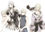  2boys angry armor back_bow bare_shoulders belt black_bow black_coat black_gloves black_ribbon blonde_hair blue_eyes blush bow bracer bustle cloud_strife coat corset crossdressing dress final_fantasy final_fantasy_vii frilled_dress frills gloves grey_hair high_collar highres long_bangs long_coat long_hair long_sleeves lydiaaa male_focus multiple_belts multiple_boys neck_blush open_clothes open_coat pants parted_bangs pauldrons puffy_dress puffy_long_sleeves puffy_sleeves purple_dress ribbon sephiroth short_hair shoulder_armor sleeveless sleeveless_turtleneck smirk turtleneck white_bow 