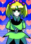  2007 angry bow can&#039;t_be_this_cute emerald_(pokemon) gem green_eyes green_gemstone green_shirt heart highres neon_palette non-web_source otoko_no_ko pokemon pokemon_(game) pokemon_rse shirt short_twintails simple_background sonasan twintails 