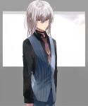  1boy accelerator_(toaru_majutsu_no_index) anninn_do_fu arms_at_sides black_shirt closed_mouth collared_shirt commentary_request cowboy_shot electrodes grey_hair highres long_sleeves looking_at_viewer male_focus medium_hair necktie red_eyes shirt solo toaru_majutsu_no_index vest 