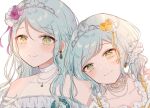  2girls aqua_hair bang_dream! bead_necklace beads dress flower green_eyes hair_flower hair_ornament hikawa_hina hikawa_sayo incest jewelry long_hair medium_hair multiple_girls necklace purple_flower scrunchie shain siblings sisters tiara twincest twins wedding wedding_dress white_dress white_scrunchie yellow_flower yuri 