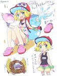  1girl amitie_(puyopuyo) blonde_hair blush character_request finger_to_mouth green_eyes looking_at_viewer open_mouth puyopuyo red_headwear sandals short_hair swimsuit translation_request water_gun yellow_wings yoriyomo 