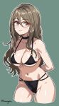  1girl arms_behind_back bikini black_bikini black_choker breasts brown_eyes brown_hair choker closed_mouth commentary cropped_legs glasses green_background hair_between_eyes highres kotorigaka large_breasts leaning_to_the_side light_blush long_hair looking_at_viewer lycoris_recoil nakahara_mizuki navel o-ring o-ring_bikini o-ring_bottom o-ring_top over-rim_eyewear red-framed_eyewear semi-rimless_eyewear simple_background smile solo stomach swimsuit twitter_username 