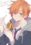  1boy absurdres black_jacket blazer blonde_hair burger closed_mouth expressionless food french_fries green_eyes grey_hoodie highres holding holding_food hood hood_down hoodie jacket kao_ru05 male_focus multicolored_hair orange_hair project_sekai shinonome_akito short_hair solo translation_request 