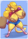  anthro big_breasts blonde_hair bottomwear breasts clothed clothing clothing_lift domestic_cat felid feline felis female hair hair_over_eye hammer hi_res huge_breasts joelasko mammal nipples one_eye_obstructed shirt shirt_lift shorts solo thick_thighs tools topwear yellow_body 