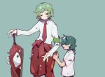  2boys age_difference aqua_hair armband chinese_commentary closed_mouth clothes_around_waist collared_shirt commentary_request dagger employee_(lobotomy_corporation) green_armband green_background green_hair hair_over_eyes highres holding holding_dagger holding_knife holding_sword holding_weapon jacket jacket_around_waist knife lobotomy_corporation long_sleeves multiple_boys pants project_moon red_eyes red_jacket red_pants shirt short_hair short_sleeves simple_background smile sword tesna tie_clip weapon white_shirt 