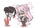  2girls animal_ears black_hair black_jacket black_pants blue_eyes blush bowing breasts chibi cleavage clenched_hand closed_eyes collared_shirt glasses hair_behind_ear hair_bun hakui_koyori hololive isuka jacket kson large_breasts long_hair multiple_girls necktie open_hand pants pink_hair pink_necktie real_life ryuu_ga_gotoku_(series) shirt simple_background single_side_bun suit surprised sweatdrop tail very_long_hair virtual_youtuber vshojo white_background white_shirt wolf_ears wolf_tail 