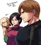  1boy 2girls ada_wong ashley_graham black_hair blonde_hair blush breasts brown_hair english_text highres holster large_pectorals leon_s._kennedy looking_at_another looking_at_pectorals medium_breasts meme multiple_girls muscular muscular_male pectoral_envy_(meme) pectoral_focus pectorals red_shirt resident_evil resident_evil_4 resident_evil_4_(remake) shirt short_hair shoulder_holster simple_background tina_fate upper_body white_background 