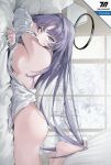  1girl absurdres ass barefoot blue_archive blue_eyes bottomless breasts halo highres large_breasts long_hair long_sleeves looking_at_viewer lying movik on_bed on_stomach open_clothes purple_hair shirt solo white_shirt yuuka_(blue_archive) 