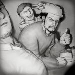  3boys :p baseball_cap beard_stubble birthday cake facial_hair food from_side frown goatee golden_kamuy greyscale hat large_pectorals looking_at_viewer male_focus mature_male monochrome multicolored_hair multiple_boys mustache nihei_tetsuzou old old_man pectorals sanpaku selfie shiraishi_yoshitake short_hair smile sweater tanigaki_genjirou thick_eyebrows thumbs_up tongue tongue_out two-tone_hair upper_body v v-shaped_eyebrows zoku_bu 