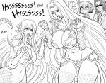  4girls absurdres bb_(baalbuddy) breasts claw_pose confrontation crossover fate/grand_order fate_(series) forked_tongue fujimaru_ritsuka_(female) gorgon_(fate) hair_ornament hairclip highres lamia large_breasts long_hair long_tongue medusa_(fate) miia_(monster_musume) monster_girl monster_musume_no_iru_nichijou ms._smith multiple_girls navel pointy_ears riyo_(lyomsnpmp)_(style) scales shirt sunglasses tied_shirt tongue very_long_hair 