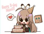  1girl :d ahoge akkanen ankle_boots belt birthday_cake blush boots brown_capelet brown_cloak brown_corset brown_hair cake candle cape capelet cloak corset crossed_bangs english_text feather_hair_ornament feathers food friend_(nanashi_mumei) gloves hair_ornament happy_birthday heart hololive hololive_english long_hair multicolored_hair nanashi_mumei nanashi_mumei_(1st_costume) ponytail red_skirt ribbon shirt skirt smile smol_mumei spoken_heart streaked_hair thighhighs very_long_hair virtual_youtuber white_shirt 