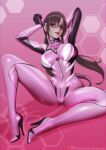  1girl arms_up ass_visible_through_thighs blue_eyes bodysuit breasts brown_hair glasses high_heels highres impossible_bodysuit impossible_clothes interface_headset large_breasts latex latex_bodysuit long_hair looking_at_viewer low_twintails makinami_mari_illustrious neon_genesis_evangelion parted_lips pilot_suit pink_background pink_bodysuit plugsuit rebuild_of_evangelion sade_abyss shiny_clothes signature sitting skin_tight solo stiletto_heels twintails 