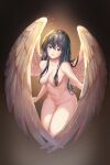  1girl aesice angel angel_wings black_hair blue_eyes blush breasts completely_nude feathered_wings feathers groin hair_between_eyes hair_censor hair_over_breasts highres large_breasts long_hair looking_at_viewer navel nude original parted_lips simple_background smile stomach thighs very_long_hair white_wings wings 