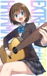  1girl :d black_jacket blazer blue_bow blue_eyes blush bob_cut bow brown_hair character_name collared_shirt copyright_name dress_shirt extreme_hearts feet_out_of_frame fingernails guitar hair_between_eyes hayama_hiyori highres holding holding_instrument instrument jacket long_sleeves looking_at_viewer music open_mouth plaid plaid_skirt playing_instrument pleated_skirt school_uniform shirt short_hair sitting skirt smile solo somechime_(sometime1209) text_background white_shirt 