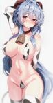  1girl absurdres ahoge alternate_costume animal_print arm_behind_back arm_behind_head arm_up arm_warmers armpits bare_shoulders bell bikini blue_hair blurry breasts breasts_apart choker cow_print cowbell cowboy_shot frown ganyu_(genshin_impact) genshin_impact goat_horns highres horns large_breasts long_hair looking_at_viewer navel pink_eyes red_choker skindentation solo stomach string_bikini sweat swimsuit thighhighs thighs very_long_hair w.k white_bikini white_thighhighs 