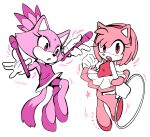  2girls amy_rose animal_ears bike_shorts blaze_the_cat blush cat_ears cat_girl cat_tail dancing dress eyelashes furry furry_female gloves hairband hedgehog_girl highres looking_at_viewer mario_&amp;_sonic_at_the_olympic_games mario_(series) multiple_girls open_mouth pink_fur ponytail purple_fur short_dress smile sonic_(series) tail tory_(tory29) white_background 