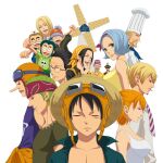  4girls 6+boys bandana beard black_hair blonde_hair chef_hat closed_eyes closed_mouth facial_hair freckles genzo_(one_piece) glasses goggles goggles_on_head green_hair hair_between_eyes hat head_scarf helmet kaya_(one_piece) koushirou_(one_piece) makino_(one_piece) monkey_d._luffy multiple_boys multiple_girls mustache nami_(one_piece) necktie ninjin_(one_piece) nojiko okurabaakaa one_piece one_piece:_strong_world open_mouth orange_hair piiman pinwheel purple_hair red_shoes_zeff roronoa_zoro sanji_(one_piece) scar scar_on_cheek scar_on_face short_hair siblings simple_background sisters smile straw_hat striped striped_headwear tamanegi_(one_piece) usopp white_background windmill woop_slap 