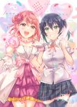  2girls :d awakening_promise_(love_live!) black_hair black_skirt bow collared_shirt commentary dress earrings flower gloves glowstick gradient_hair green_eyes green_hair grin hair_bun hair_flower hair_ornament heart heart_background holding_glowstick jewelry locked_arms love_live! love_live!_nijigasaki_high_school_idol_club medium_hair miniskirt multicolored_hair multiple_girls multiple_sources neck_ribbon necklace nijigasaki_academy_school_uniform open_mouth outstretched_arm pearl_earrings pearl_necklace pink_dress pink_hair pink_ribbon plaid plaid_skirt ribbon school_uniform shirt short_dress short_sleeves short_twintails single_side_bun skirt smile summer_uniform takasaki_yuu takitarou teeth twintails uehara_ayumu waist_bow white_gloves white_shirt yellow_eyes 