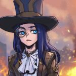  1boy alternate_costume ascot blue_headwear brown_jacket caitlyn_(league_of_legends) commentary english_commentary fire genderswap genderswap_(ftm) green_eyes hat jacket league_of_legends long_hair male_focus monocle multicolored_background open_clothes open_jacket open_mouth phantom_ix_row solo top_hat upper_body white_ascot 