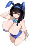  1girl animal_ears arm_behind_head arm_up bare_shoulders black_hair blue_bow blue_bowtie blue_leotard blush bow bowtie braid breasts cleavage closed_eyes covered_navel detached_collar fake_animal_ears fake_tail goddess_of_victory:_nikke grin hair_over_shoulder highleg highleg_leotard highres large_breasts leotard long_hair mary_(nikke) playboy_bunny rabbit_ears rabbit_tail side_braid smile solo tail thighs tomohiro_kai white_background wrist_cuffs 