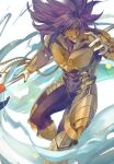  1boy bad_id bad_twitter_id bhima_(fate) bhima_(third_ascension)_(fate) bzb33n covered_abs dark-skinned_male dark_skin fate/grand_order fate_(series) feet_out_of_frame fighting_stance floating_hair gloves gold_armor grin holding holding_polearm holding_weapon long_hair looking_to_the_side male_focus midair muscular muscular_male polearm purple_eyes smile solo thighs weapon 