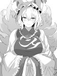  1girl absurdres blush breasts closed_mouth commentary_request fox_girl fox_tail greyscale hair_between_eyes hat highres large_breasts long_sleeves monochrome multiple_tails ossou_rocket short_hair smile solo tabard tail touhou wide_sleeves yakumo_ran 