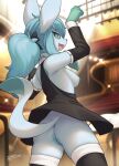  absurd_res anthro anthrofied anus areola biped blue_body blue_sclera breasts butt clothed clothing detailed_background eeveelution female generation_4_pokemon genitals glaceon hi_res nintendo nipples pokemon pokemon_(species) pussy rear_view solo white_eyes zinfyu 