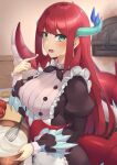  1girl apron blue_horns blush breasts dragon_girl dragon_horns dragon_tail duel_monster highres horns kitchen_dragonmaid lace-trimmed_apron lace_trim large_breasts long_hair long_sleeves looking_at_viewer maid maid_apron open_mouth pinta_(ayashii_bochi) puffy_sleeves red_hair solo tail yu-gi-oh! 