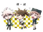  1girl 2boys :d black_footwear black_headwear black_skirt brown_hair brown_pants chibi closed_eyes danganronpa_(series) danganronpa_2:_goodbye_despair genderswap genderswap_(ftm) genderswap_(mtf) green_jacket green_necktie grey_hair hair_between_eyes hinata_hajime jacket komaeda_nagito miniskirt momo_no_yu multicolored_background multiple_boys nanami_chiaki necktie open_clothes open_jacket pants pleated_skirt ponytail print_shirt profile shirt short_sleeves skirt smile sweatdrop translation_request white_background white_shirt yawning 