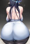  1girl ass back backboob black_hair black_pantyhose blue_archive blue_halo breasts dress from_behind gradient_background grey_background halo highres large_breasts long_hair pantyhose pointy_ears rin_(blue_archive) solo thigh_gap tyamurai33 white_dress 